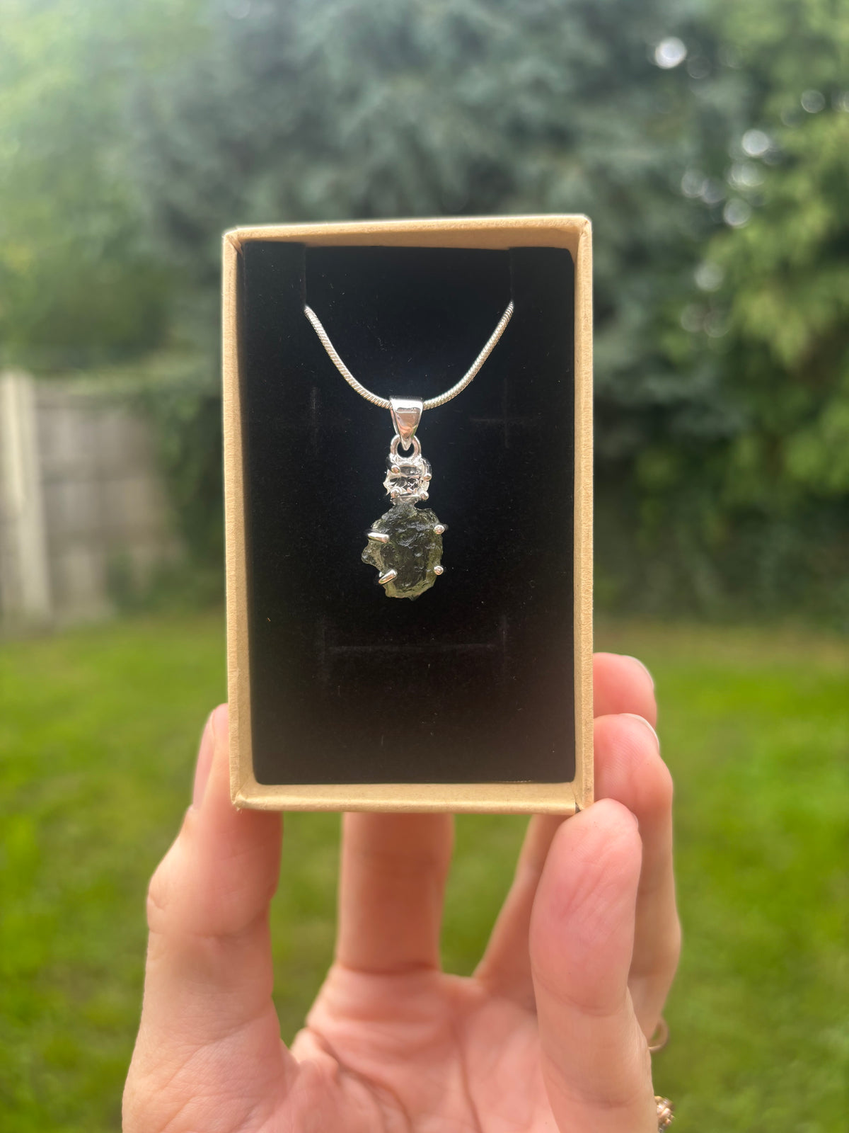 Moldavite and Herkimer diamond pendant 925 sterling silver