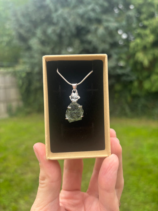 Moldavite and Herkimer diamond pendant 925 sterling silver