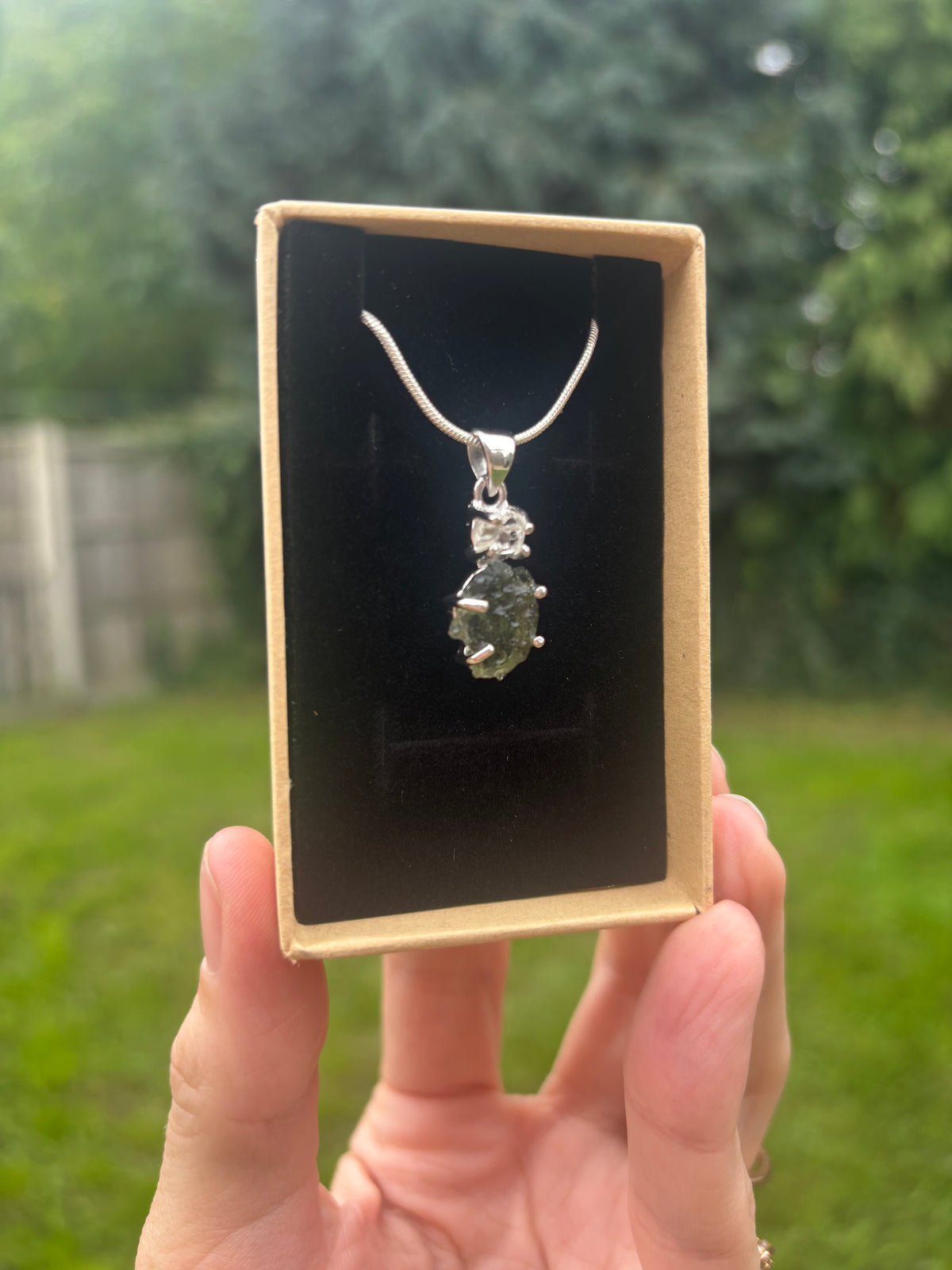 Moldavite and Herkimer diamond pendant 925 sterling silver